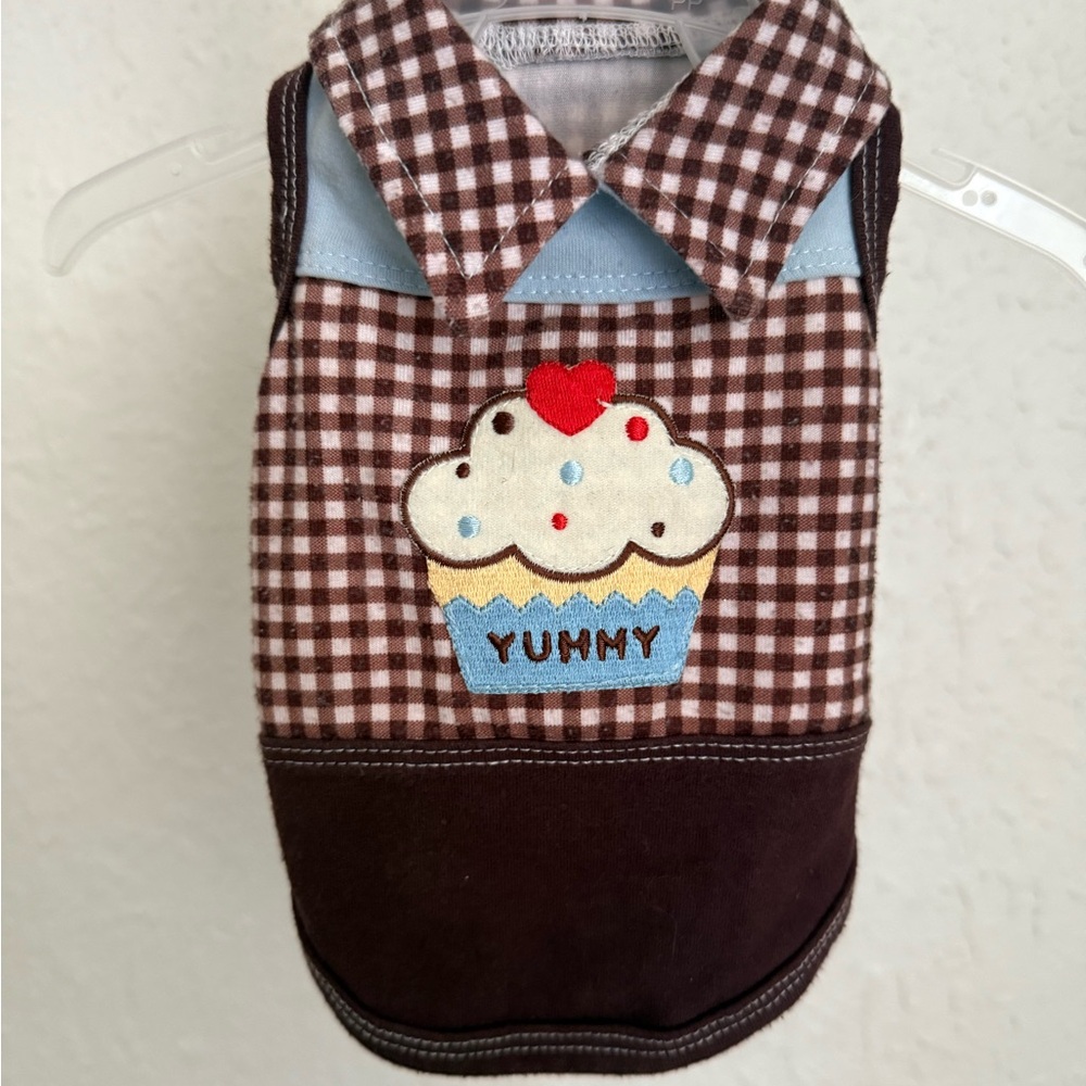 Brown Checkered Dog Shirt with Cupcake Design